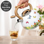 Tea Kettle, Toptier Teapot Whistling Kettle with Wood Pattern Handle Loud Whistle, Food Grade Stainless Steel Tea Pot for Stovetops Induction Water Kettle, 2.7-Quart Butterfly