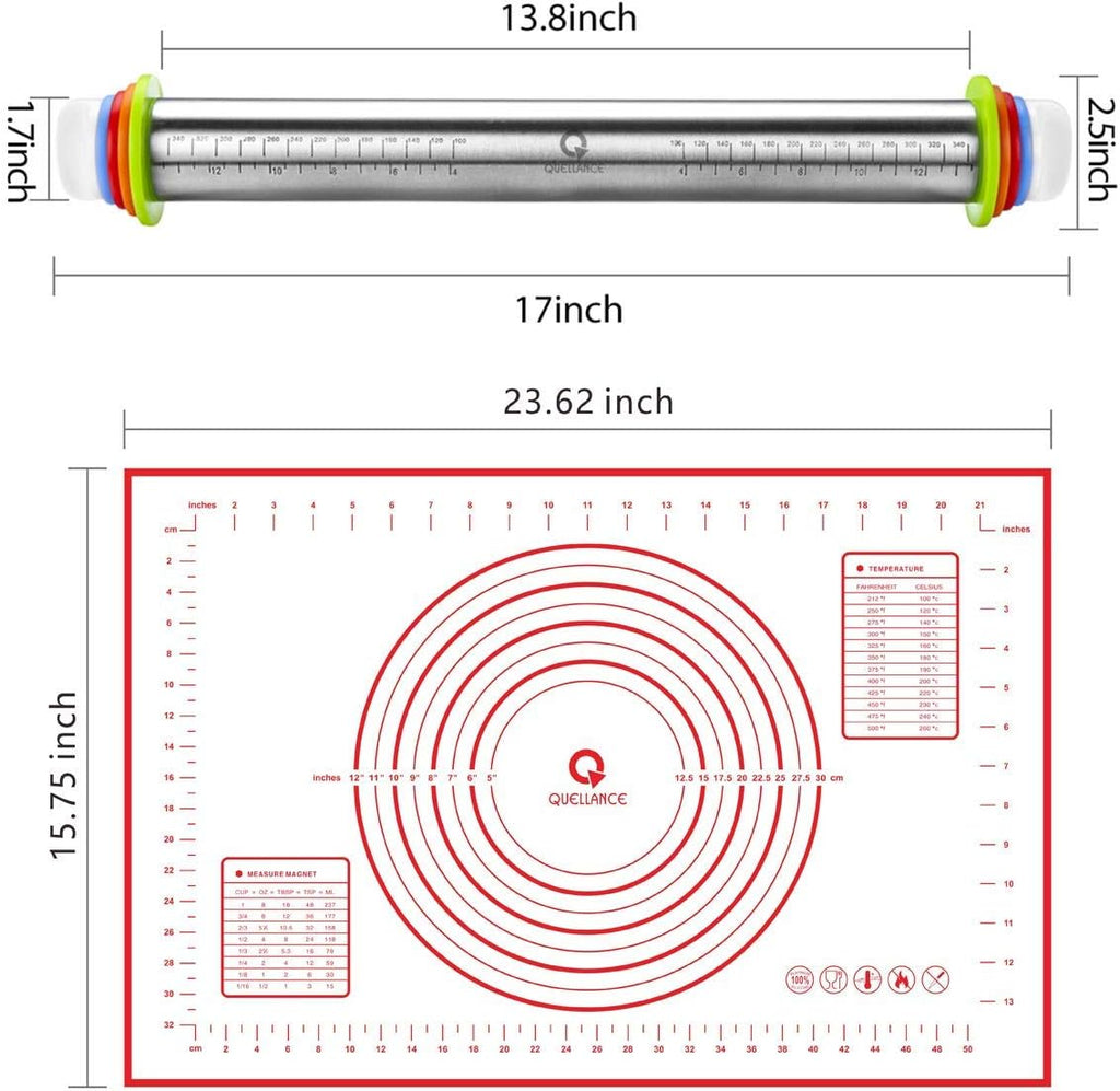 Rolling Pin and Pastry Baking Mat Set, Rolling Pins with Adjustable Thickness Rings, Stainless Steel Dough Roller for Baking Fondant, Pizza, Pie, Pastry, Pasta, Cookies (Red Mat)