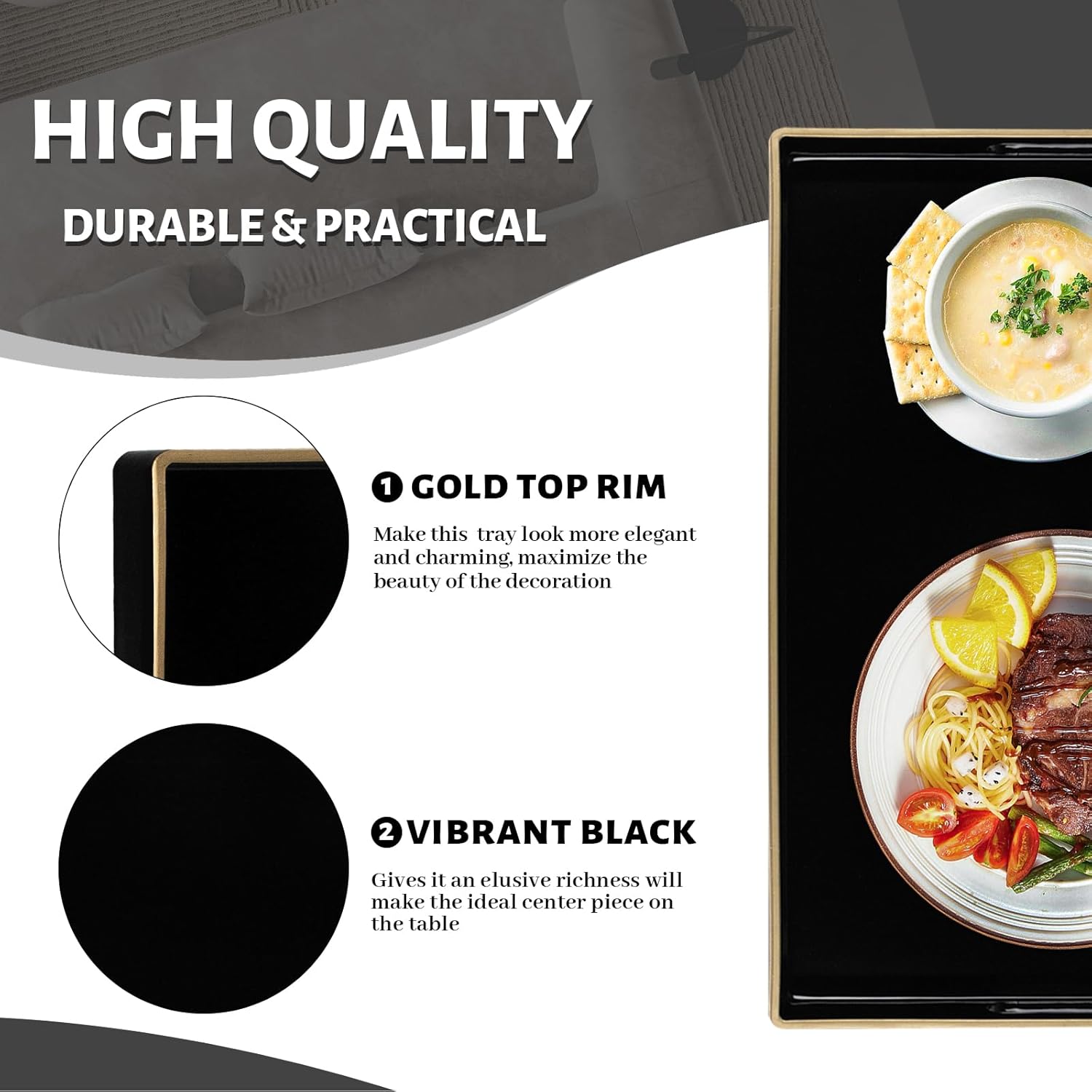 MAONAME Black Decorative Tray for Coffee Table, Modern Serving Tray with Handles, Plastic Rectangular Tea Tray for Ottoman, Bathroom Decor, 15.8” X 10.2” x1.4