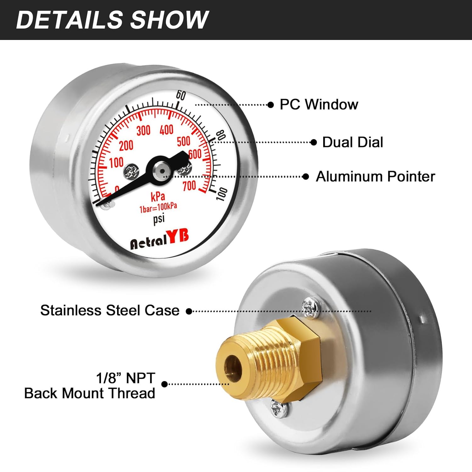 100Psi/700Kpa Mini Pressure Gauge,Stainless Steel Housing,Brass Internal,1.2 Inch Dial,NPT 1/8" Back Mount,Dry Type, Lead-Free Material,for Air,Water,Oil Pressure Test