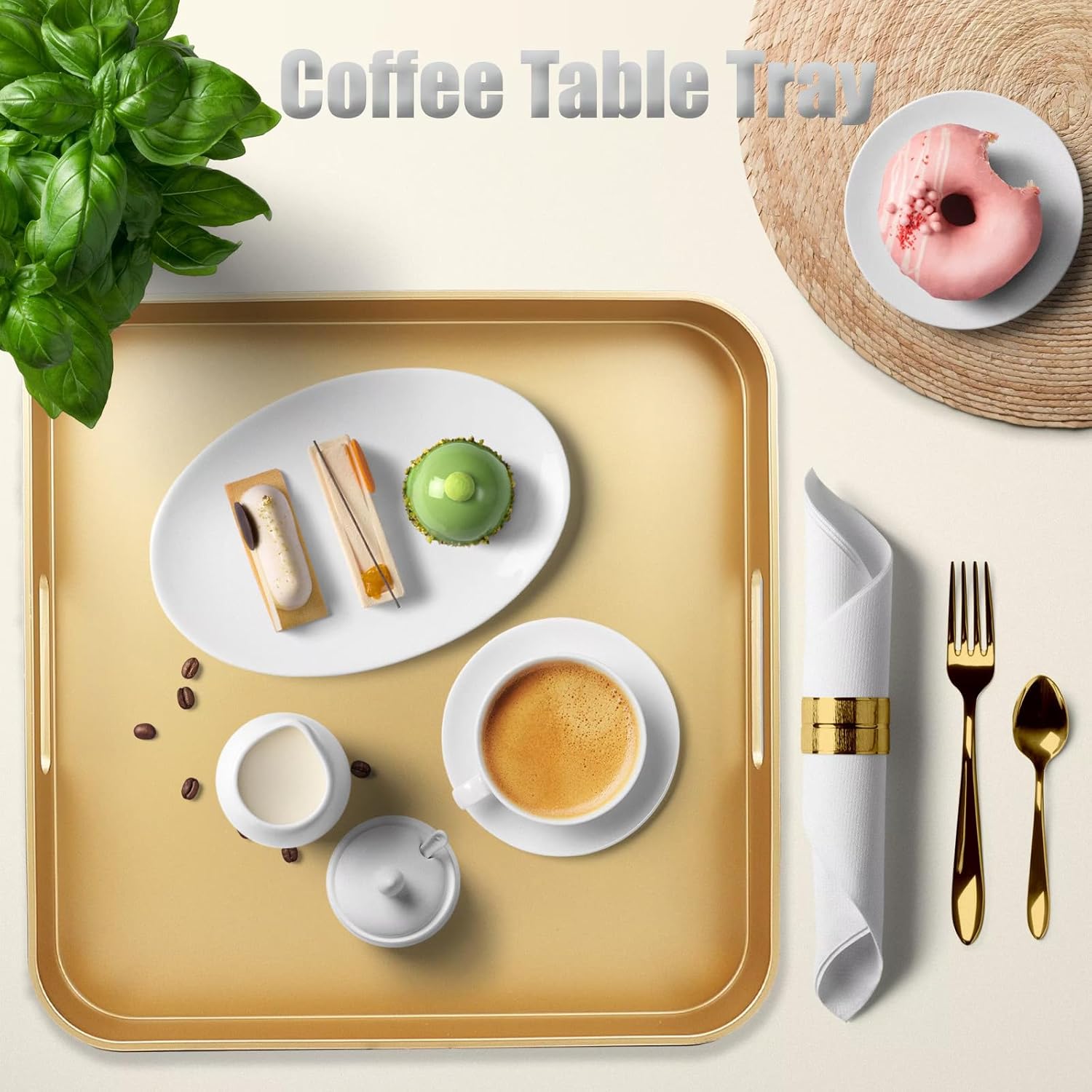 Gold Square Decorative Tray with Handles, 13"*13" Versatile Serving Tray for Coffee Table, Ottoman, Ideal for Serving, Displaying, Organizing