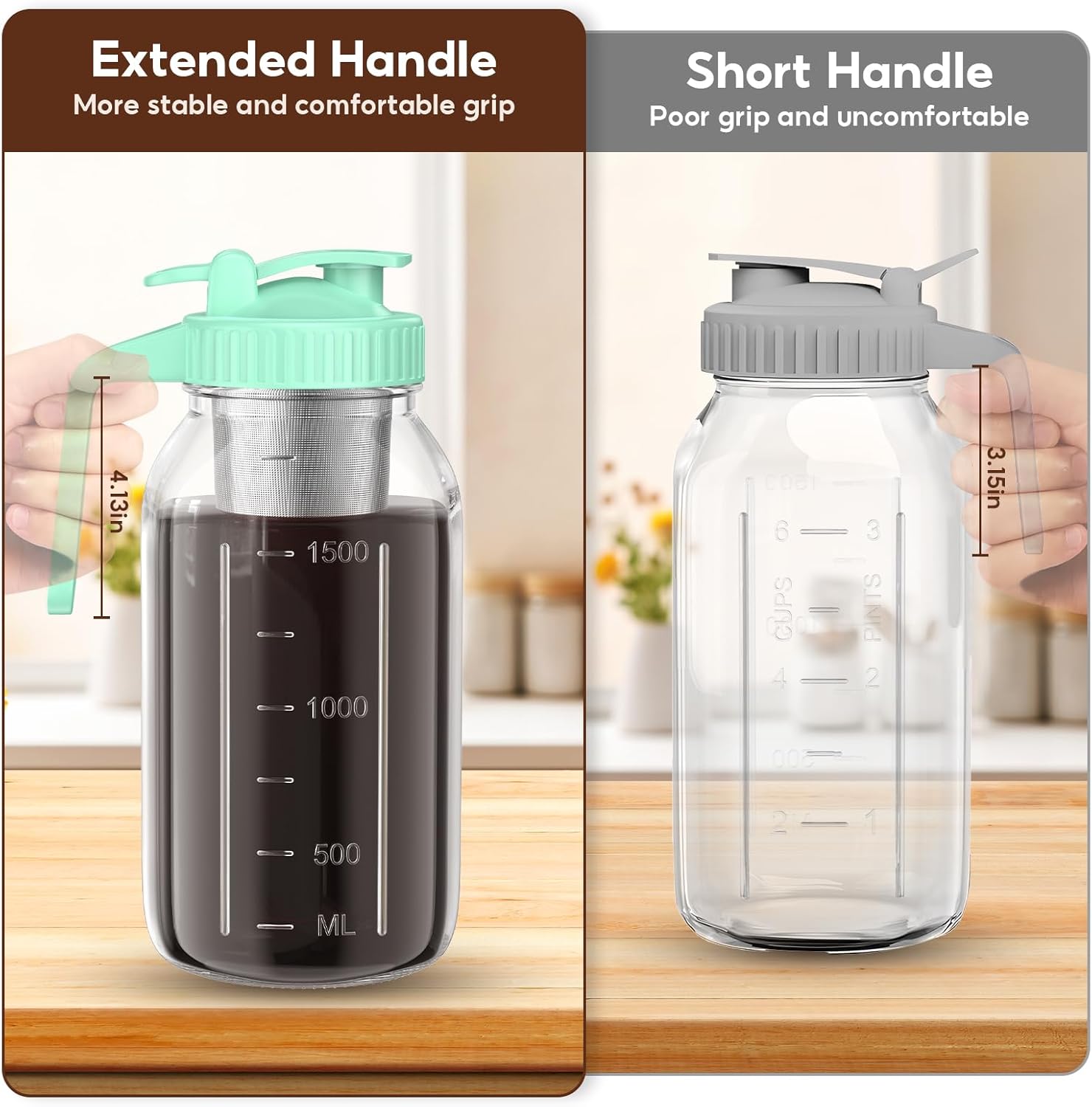 Cold Brew Coffee Maker Jar - 2 Pack 64 oz Glass Cold Brew Maker with Handle, Stainless Steel Filter & Leak-Proof Lid, Heavy Duty Cold Brew Pitcher for Iced Coffee, Sun Tea, and Milk