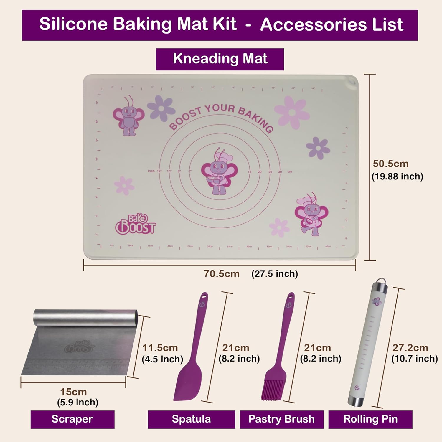 Silicone Baking Mat Set | Non-Stick Dough Rolling Pastry with Rolling Pin for Cookie Pie Crust Pizza Bread | Extra Large Dough Mat | Silicone Pastry Mat Kit Extra Thick with accessories