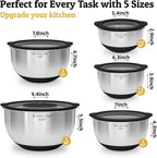 Mixing Bowls with Lids Set - Non-Slip, Airtight Warp-Proof TPR-AS Lids, Thicker Stainless Steel Bowls, Measurement Lines & 3 Graters, Prep Meal Bowl, Black Nesting Bowl for Kitchen, 5/3/2/1.5/0.63QT