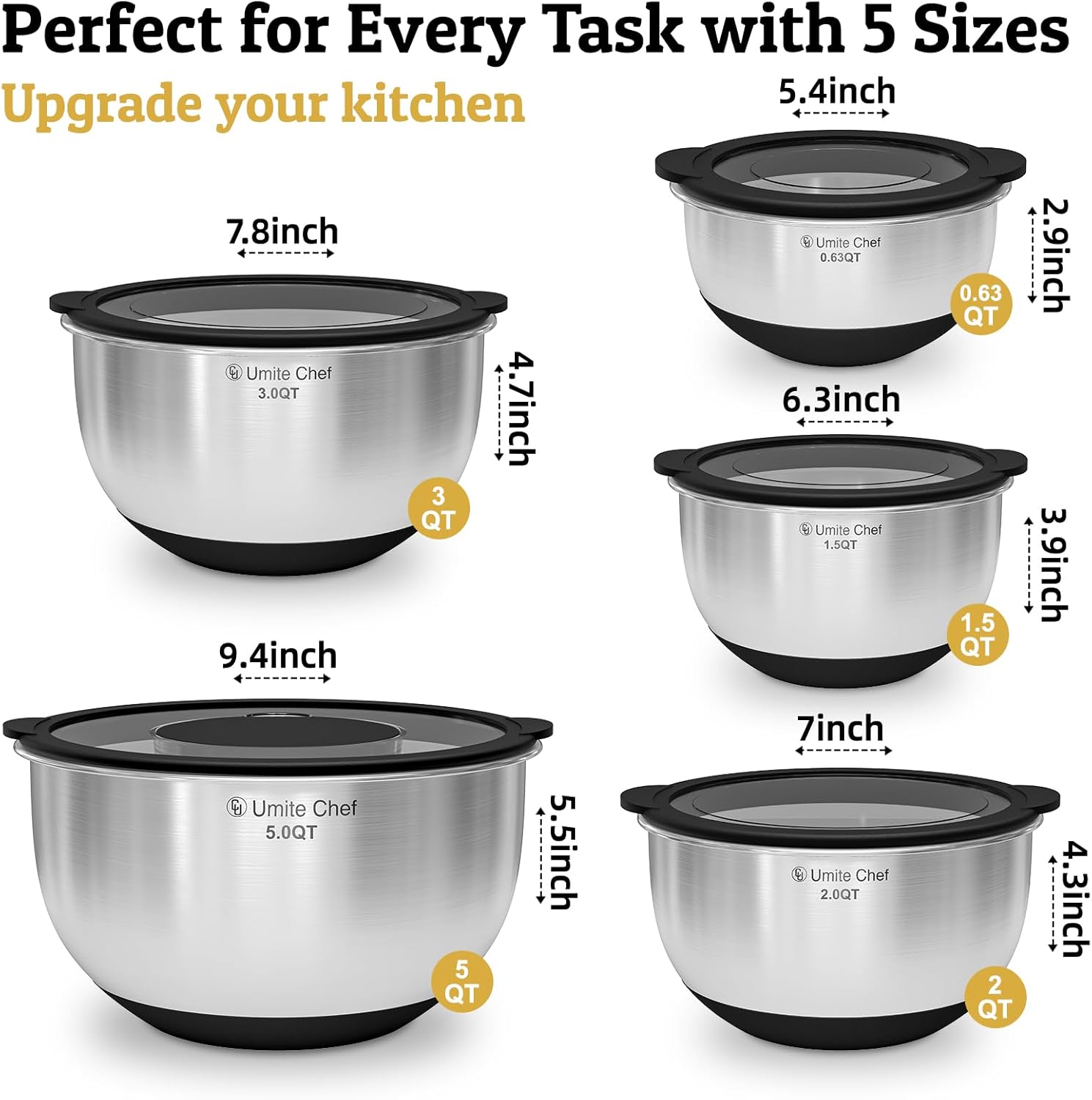 Mixing Bowls with Lids Set - Non-Slip, Airtight Warp-Proof TPR-AS Lids, Thicker Stainless Steel Bowls, Measurement Lines & 3 Graters, Prep Meal Bowl, Black Nesting Bowl for Kitchen, 5/3/2/1.5/0.63QT