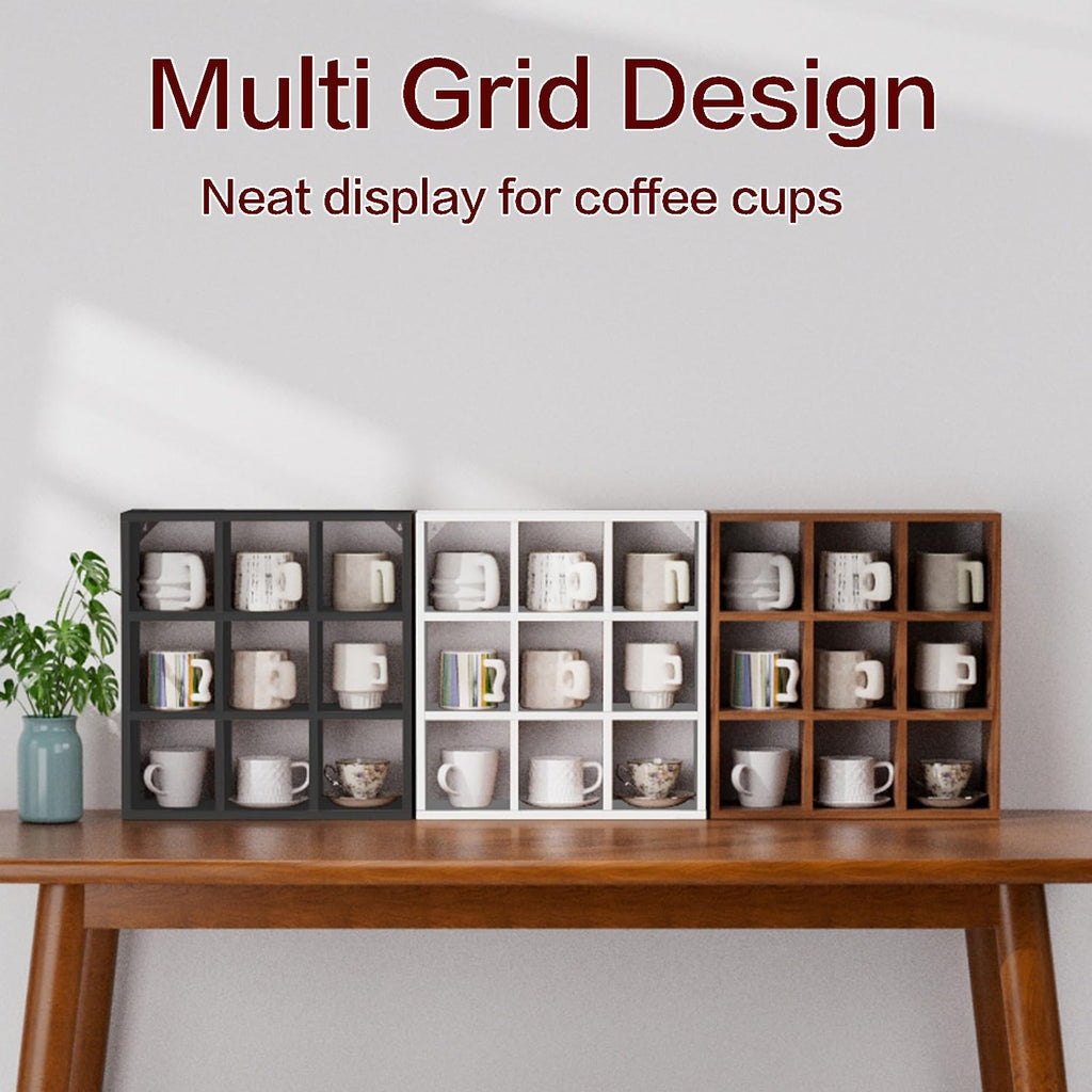 Helsin 9 Grid Vintage Coffee Mug Display Rack, 16inch Wall Mounted Wooden Curio Shadow Box Shelf, Cup Floating Shelves Display and Organizer (Black)
