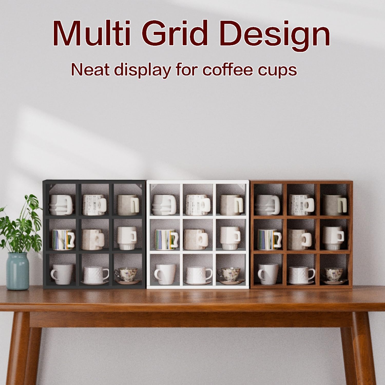 Helsin 9 Grid Vintage Coffee Mug Display Rack, 16inch Wall Mounted Wooden Curio Shadow Box Shelf, Cup Floating Shelves Display and Organizer (Black)