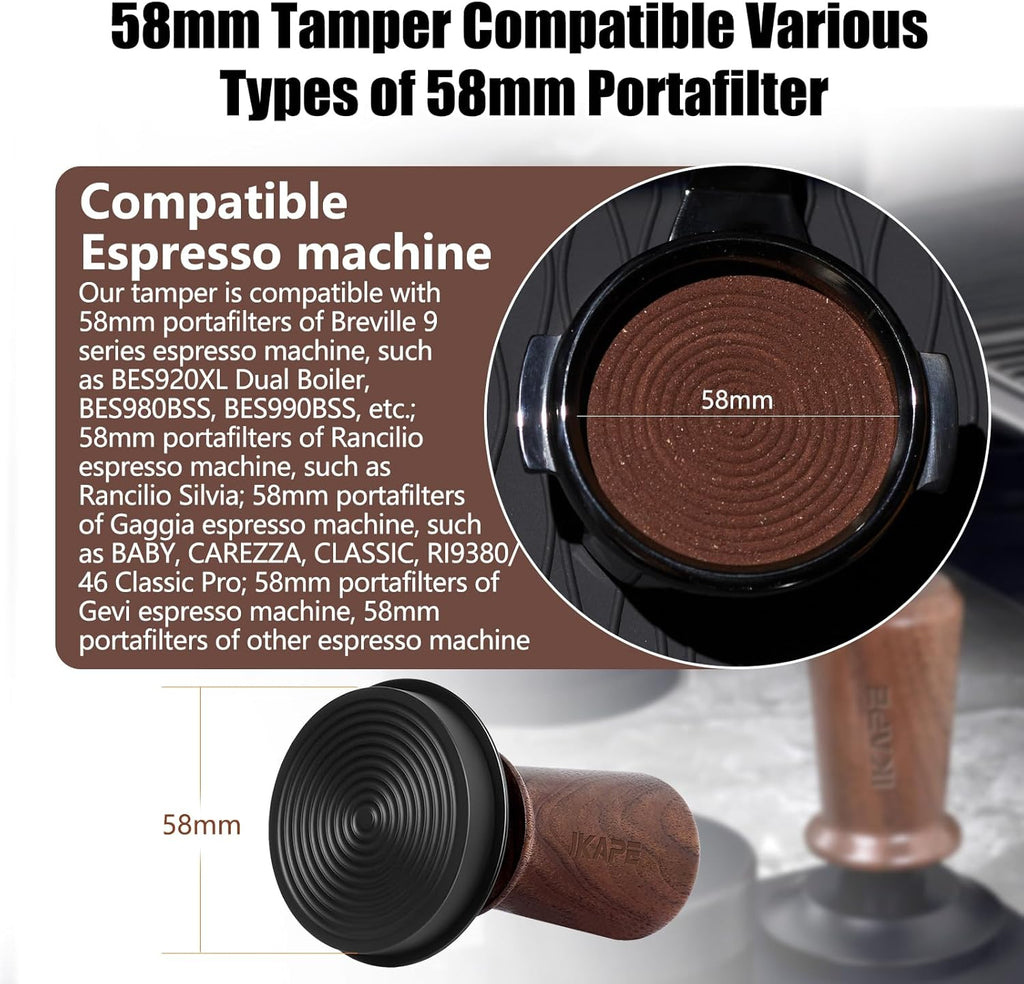 IKAPE 58.35mm Espresso Tamper, Spring-loaded Calibrated Tamper with Walnut Handle, Titanium Ripple Plating Base, Fits for Over 58mm Espresso Machine Bottomless Portafilter