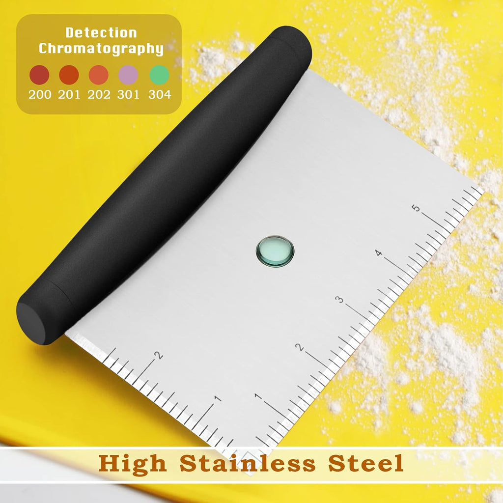 Metal Griddle Scraper Chopper, HaSteeL Stainless Steel Dough Bench Scraper Pastry Cutter with Measuring Marks, Multi-purpose Kitchen Tool for Flat Top Grilling/Baking/Cooking, Dishwasher Safe (2-Pack)