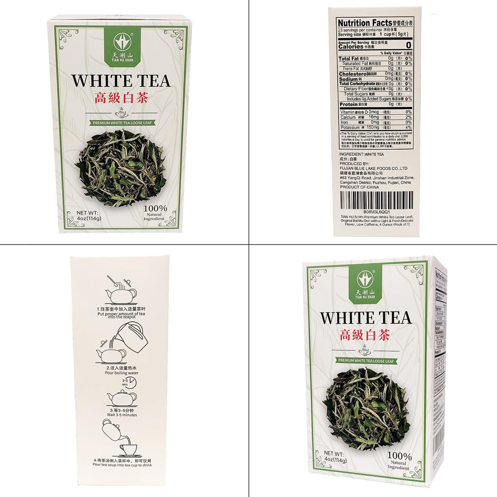 TIAN HU SHAN Premium White Tea Loose Leaf, Original Bai Mu Dan with a Light & Fresh Delicate Flavor, Low Caffeine, Hot & Cold Brew 4 Ounce (Pack of 1)