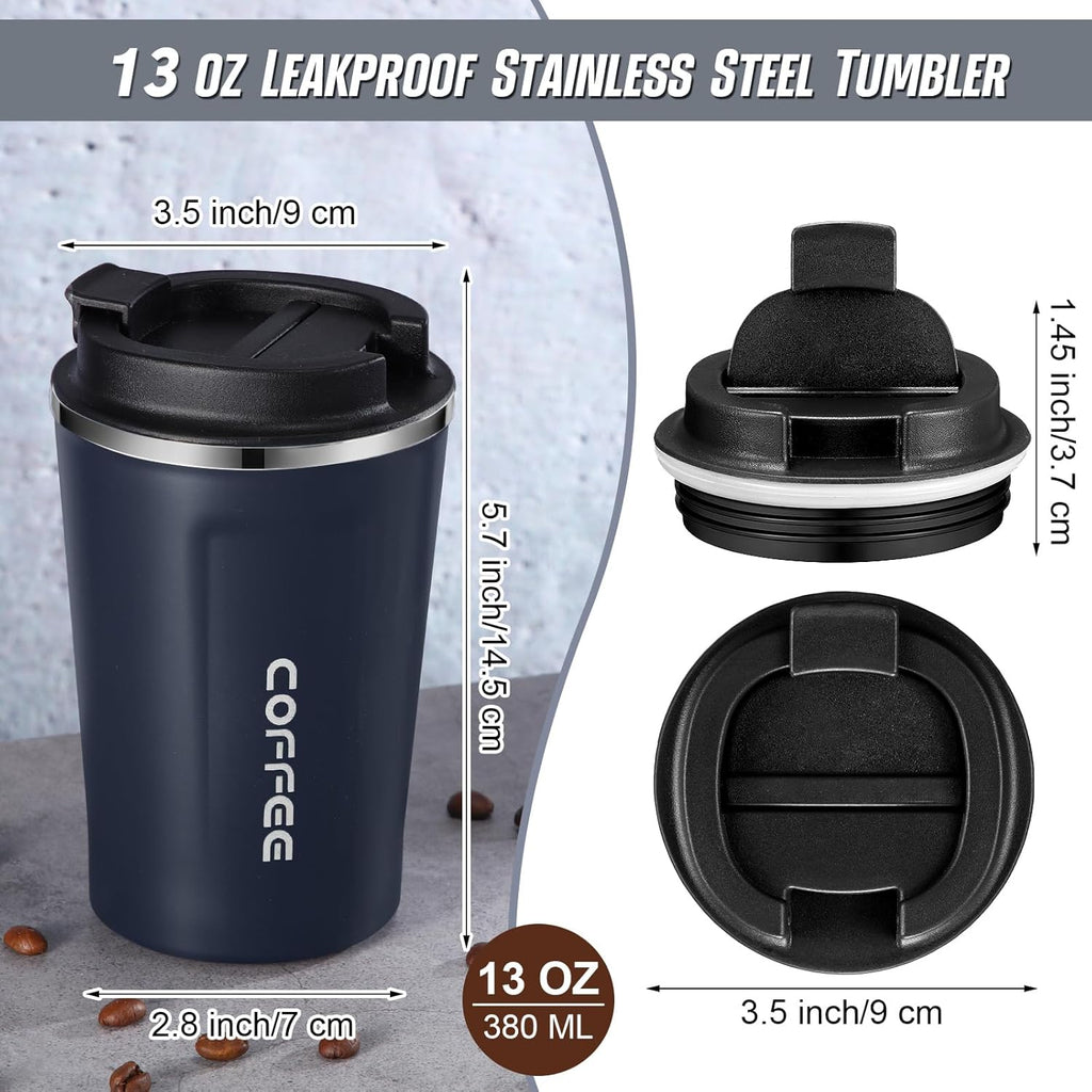 Sieral 4 Pcs 13 oz Travel Coffee Mug Insulated Reusable Coffee Cups with Leakproof Lid Stainless Steel Portable Tumbler for Keep Hot or Ice Milk Tea(Navy Blue)