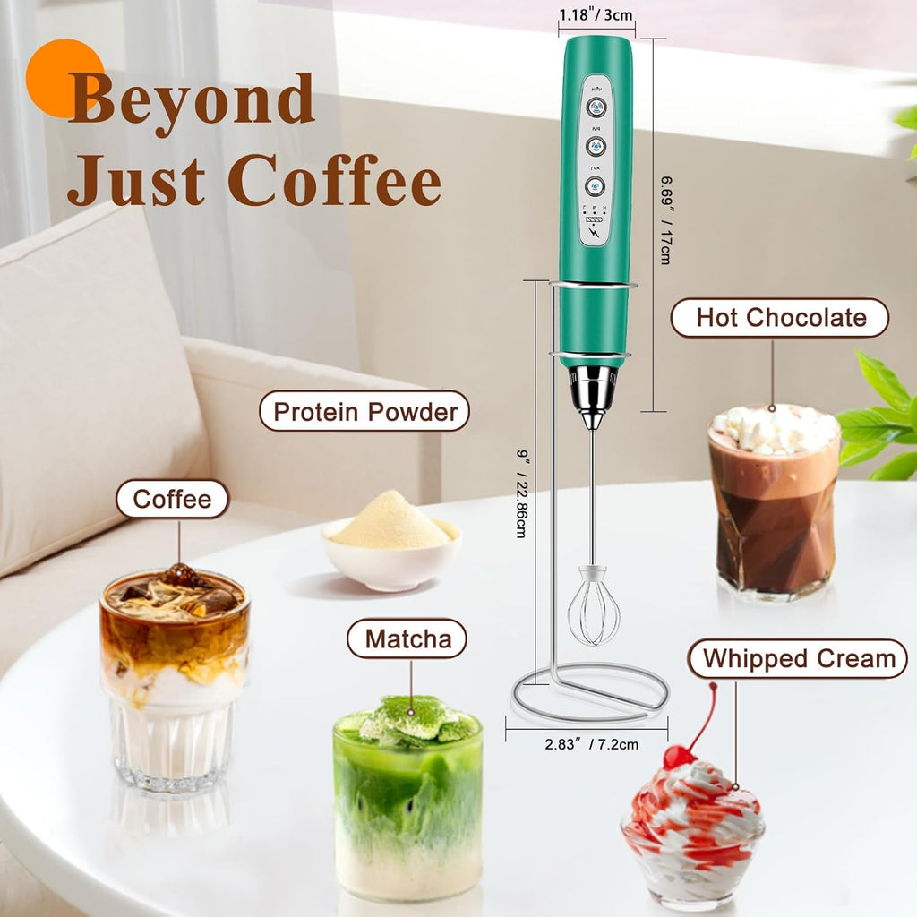 Milk Frother Handheld Rechargeable with Stand, Frother Wand Drink Mixer Electric Whisk for Coffee, Detachable With 3 Stainless Whisks, Hand Mixer for Lattes, Cappuccino, Matcha, Egg, Green