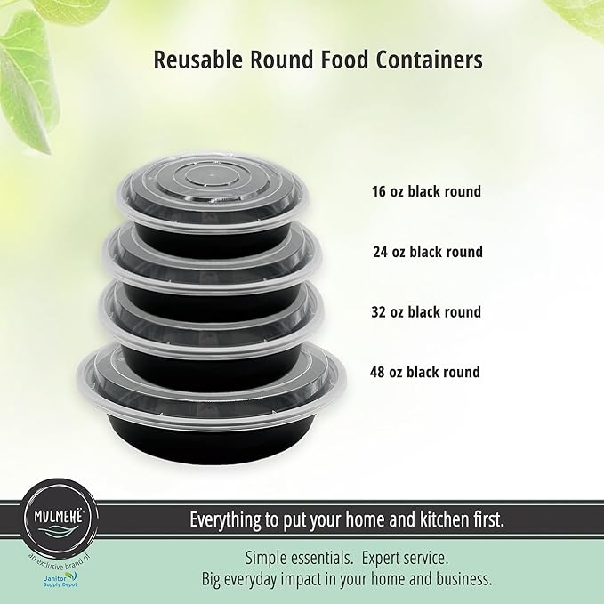MULMEHË Plastic Food Storage Take-Out Container and Lid Combo, 32 oz, Microwaveable, Round, Black, 7x2”, Set of 150