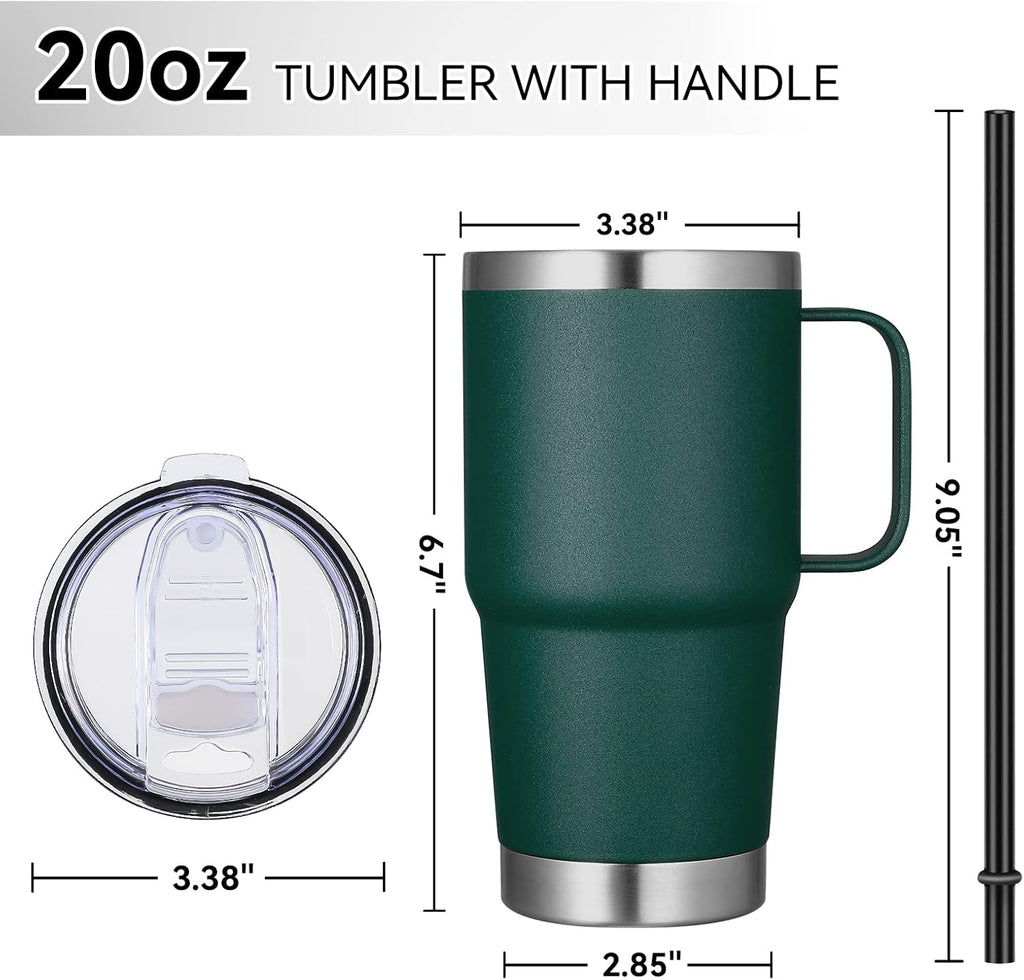 VEGOND 20 oz Tumbler Bulk with Handle Lid and Straw, Stainless Steel Insulated Travel Coffee Mug Set, Spill Proof Double Wall Metal Tumblers Cups, Dark Green 12 Pack