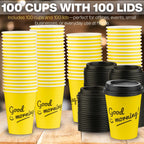 Smygoods Disposable Coffee Cups with Lids, To Go Paper Hot Cups, Good Morning Design (12 OZ, 100 Count) For Hot Beverages, Coffee, Tea, Espresso, Cocoa - Vasos Para Cafe