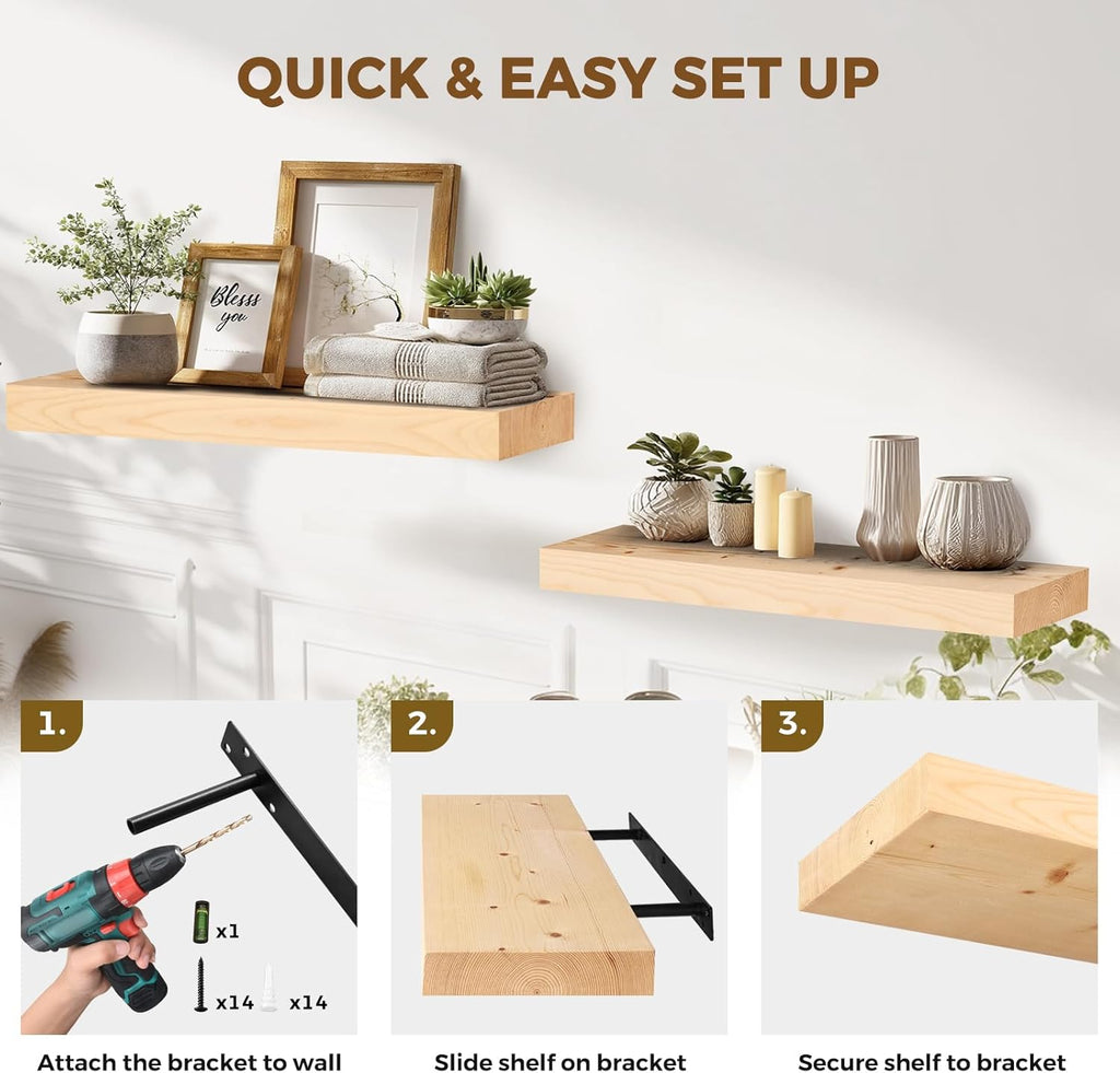 24x8x1.6 inch Floating Shelves Set of 2 – Solid Wood Rustic Wood Wall Mounted Shelf for Kitchen, Bathroom, Living Room