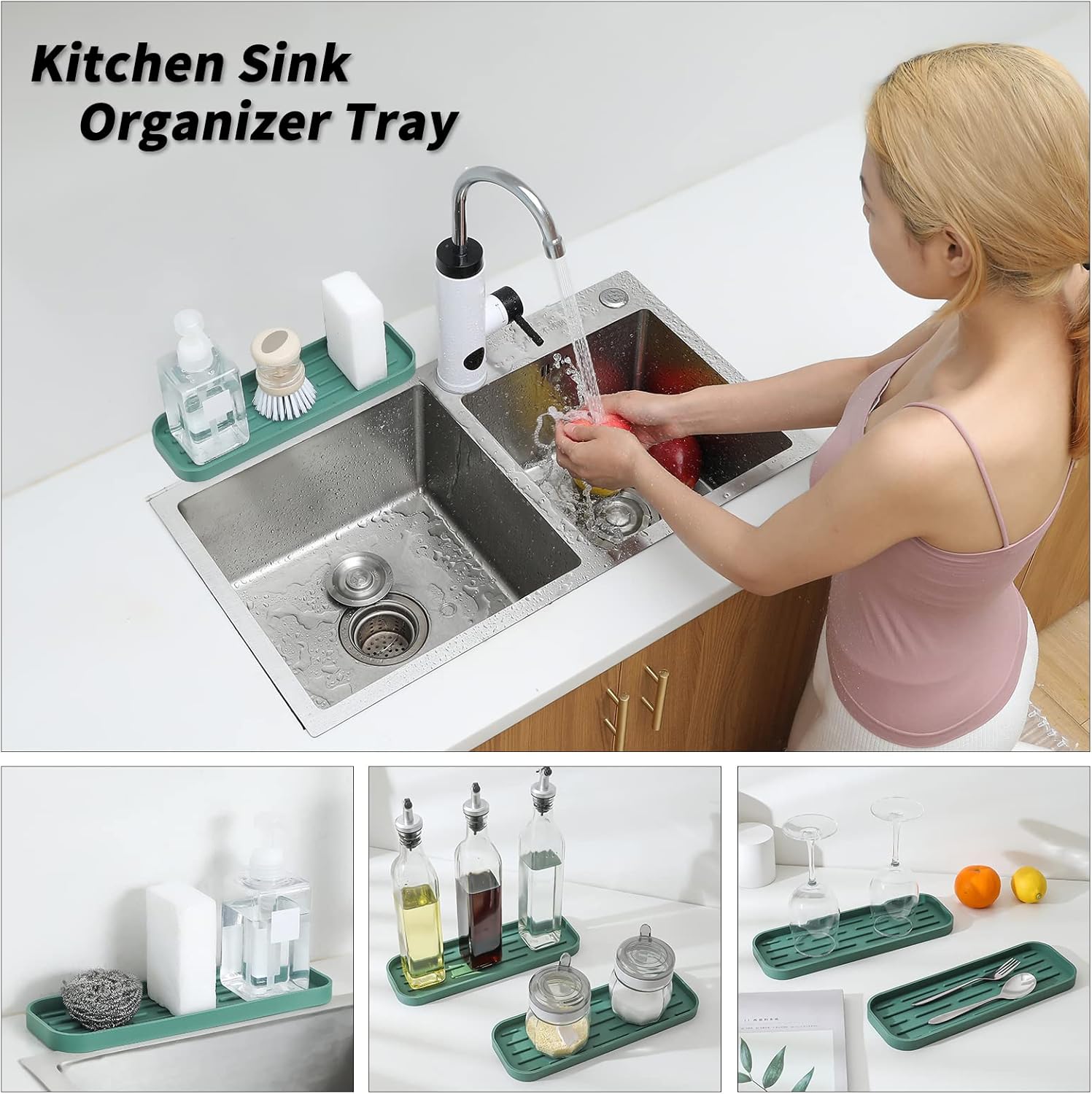 Silicone Kitchen Sink Organizer Tray for Multiple Usage,Eco-Friendly Sponges Holder for Kitchen Bathroom Counter or Sink,Dish Soap Dispenser,Scrubber,Bottle,Cup (Green, 12"×4")