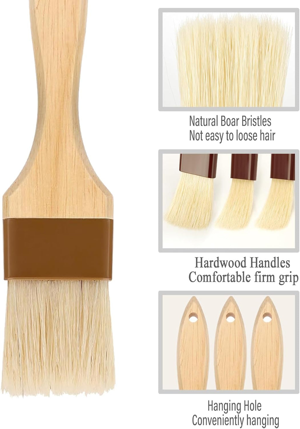 Pastry brush,Basting brush for Cooking,Natural Bristle BBQ Brush for Oil & Sauce,Wooden Handle Food Brush for Baking,Easy Clean Butter Brush,Durable Kitchen Culinary Utensil (1", 1 1/2 Inch,3 Pack)