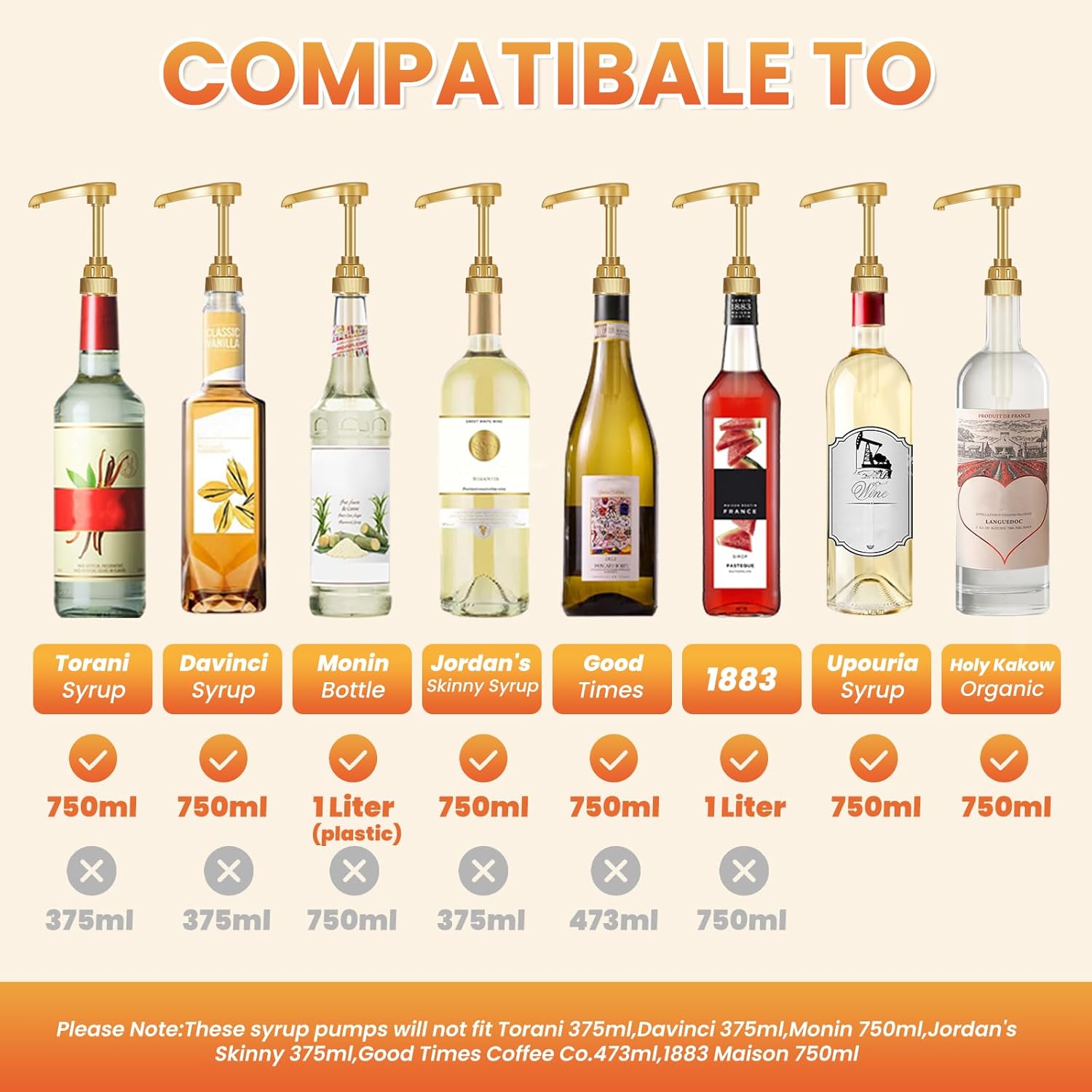 VOISEN Coffee Syrup Pumps, 6 Pack Gold Syrup Pump, Skinny Syrup Pump for 750ml 25.4oz Syrup Bottle, Syrup Pump Dispenser for Kitchen Dinning Coffee Bar Drinking Mixes,Davinci,Jordans