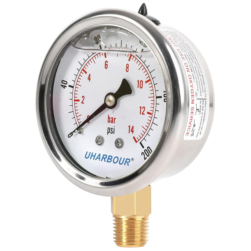 Glycerin Filled Pressure Gauge 200psi/14bar, Stainless Steel case, Brass Inside Construction, 2-1/2" dial, 1/4" NPT Rear Connection.
