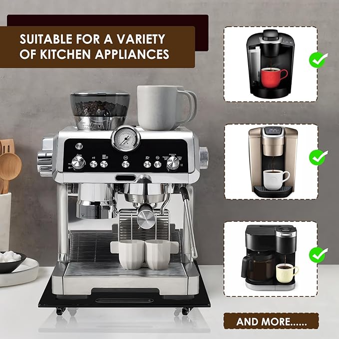 360° Sliding Tray for Coffee Maker & Kitchen Appliances - Silent Rubber Wheels, Acrylic Organizer Tray for Under Cabinet - Space Saving Countertop Accessory, 13x14 Inch (Black)