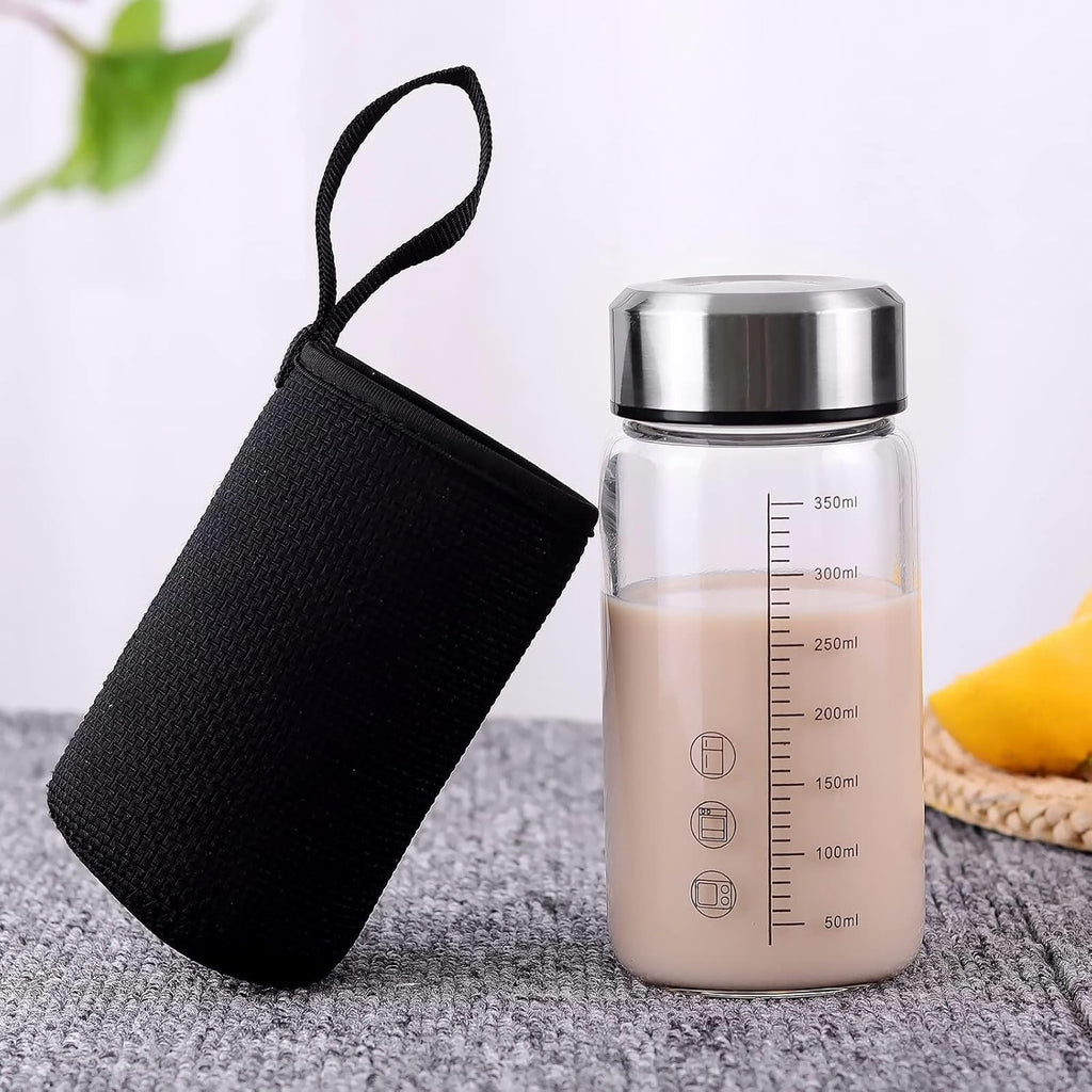 12Oz Glass Water Bottle with Lid and Sleeve,0.15in/3.8mm Thick Glass Shaker Bottles for Protein Mixes,Juicing,Smoothies, Infused Water,Beverage,Wide Mouth Small Reusable Coffee Bottle