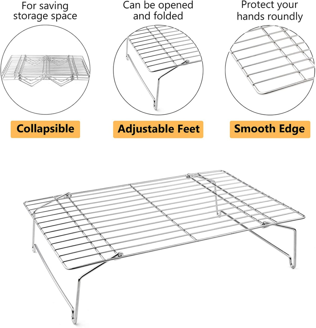 P&P CHEF Cooling Rack Set of 2, 2-Tier Stackable Stainless Steel Wire Racks for Baking Cooking Cooling Roasting, Collapsible & Heavy Duty, Oven Safe & Easy Clean, 15" x 10", Silver