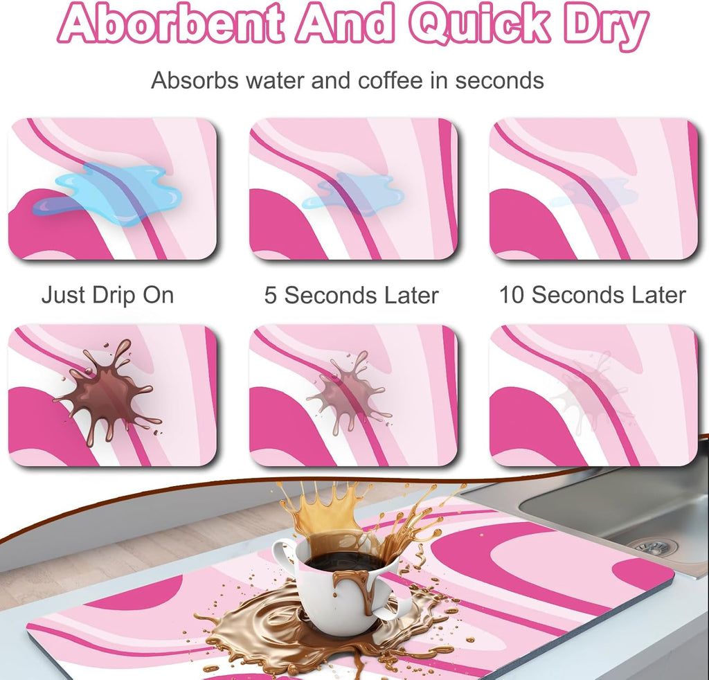Dish Drying Mat for Kitchen Counter, 12" X 20" Absorbent Coffee Bar Mat Rubber Backing, Easy to Clean Kitchen Drying Matt for Dishes, Utensils, Countertops, Pink Abstract