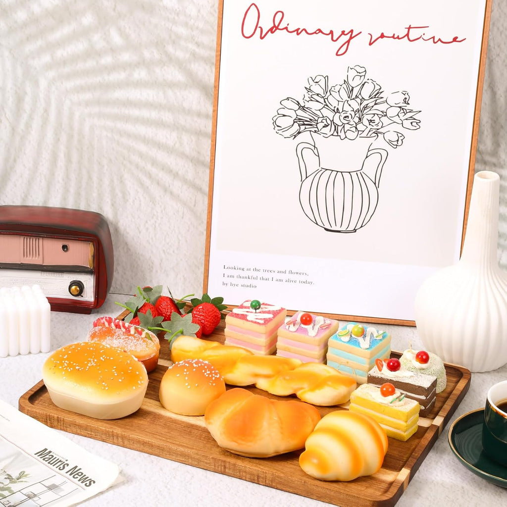 2 PCS 16 x 12 in Large Solid Acacia Rectangular Wood Serving Trays Natural Wooden Boards Serving Platters for Bar Coffee Party Dessert Tray