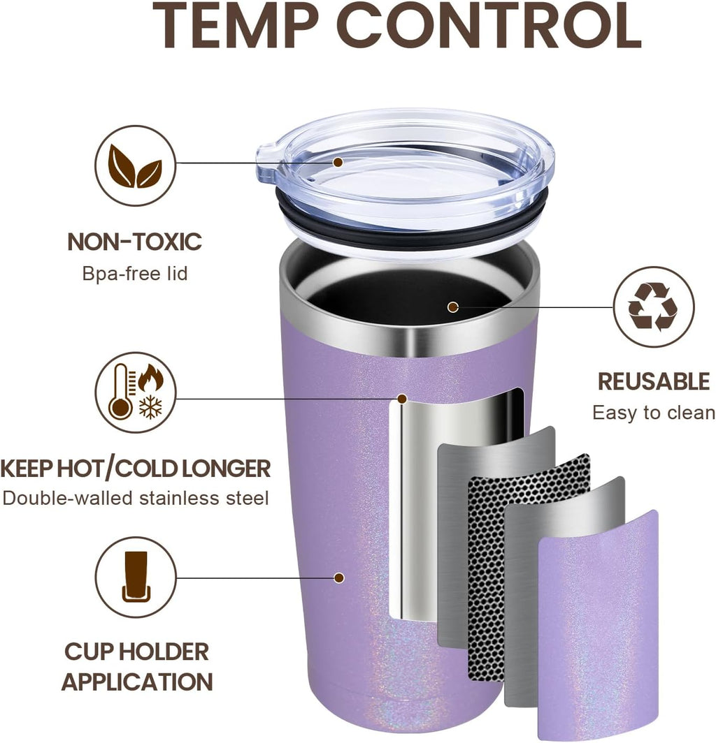 MEWAY 20oz Tumbler 8 Pack Double Wall Vacuum Insulated Travel Glitter Mug Bulk, Stainless Steel Tumblers with Lid and Straw, Powder Coated Coffee Cups for Woman(Rainbow Purple,Set of 8)