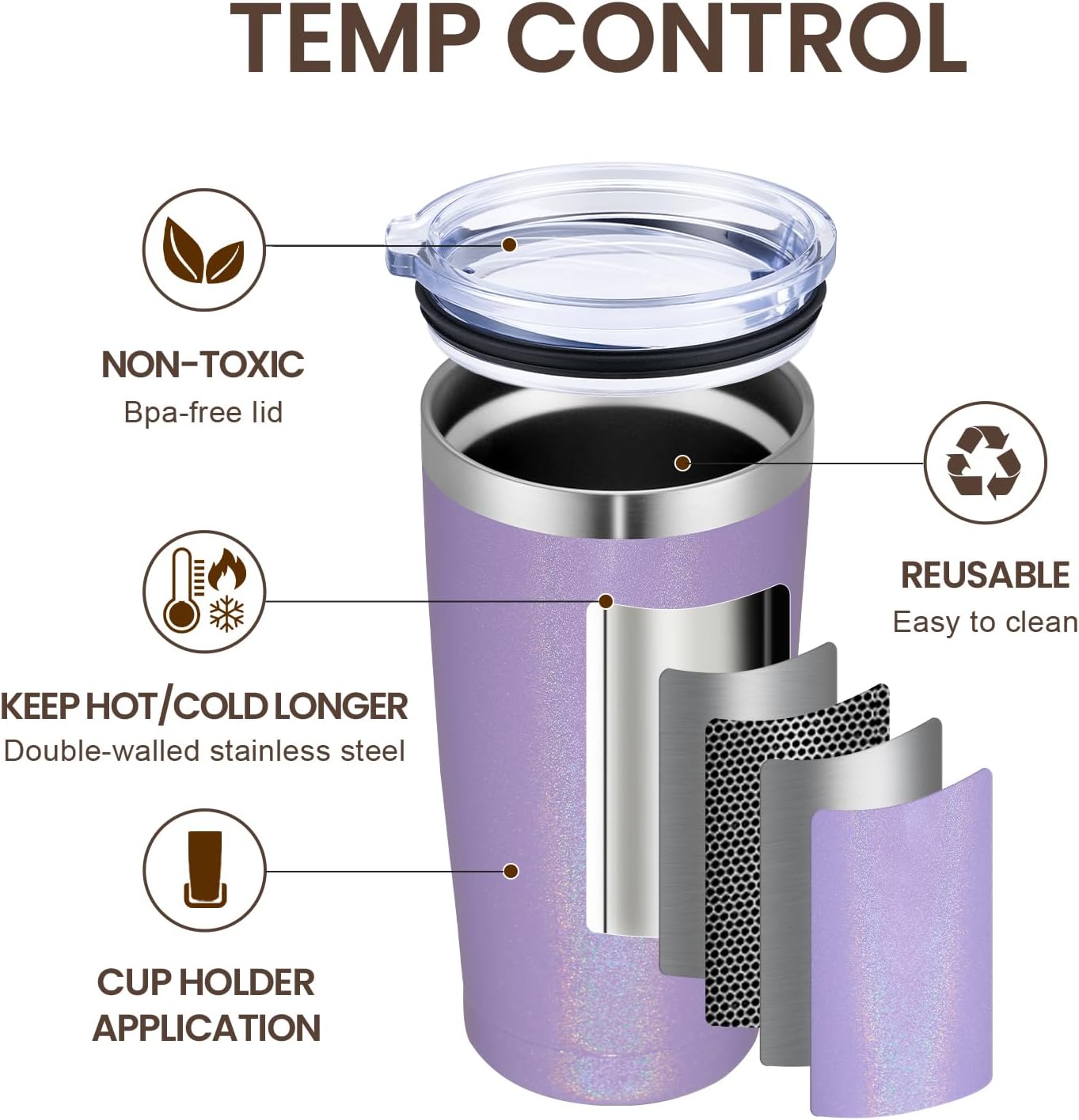 MEWAY 20oz Tumbler 4 Pack Double Wall Vacuum Insulated Travel Glitter Mug Bulk, Stainless Steel Tumblers with Lid and Straw, Powder Coated Coffee Cups for Woman(Rainbow Purple,Set of 4)