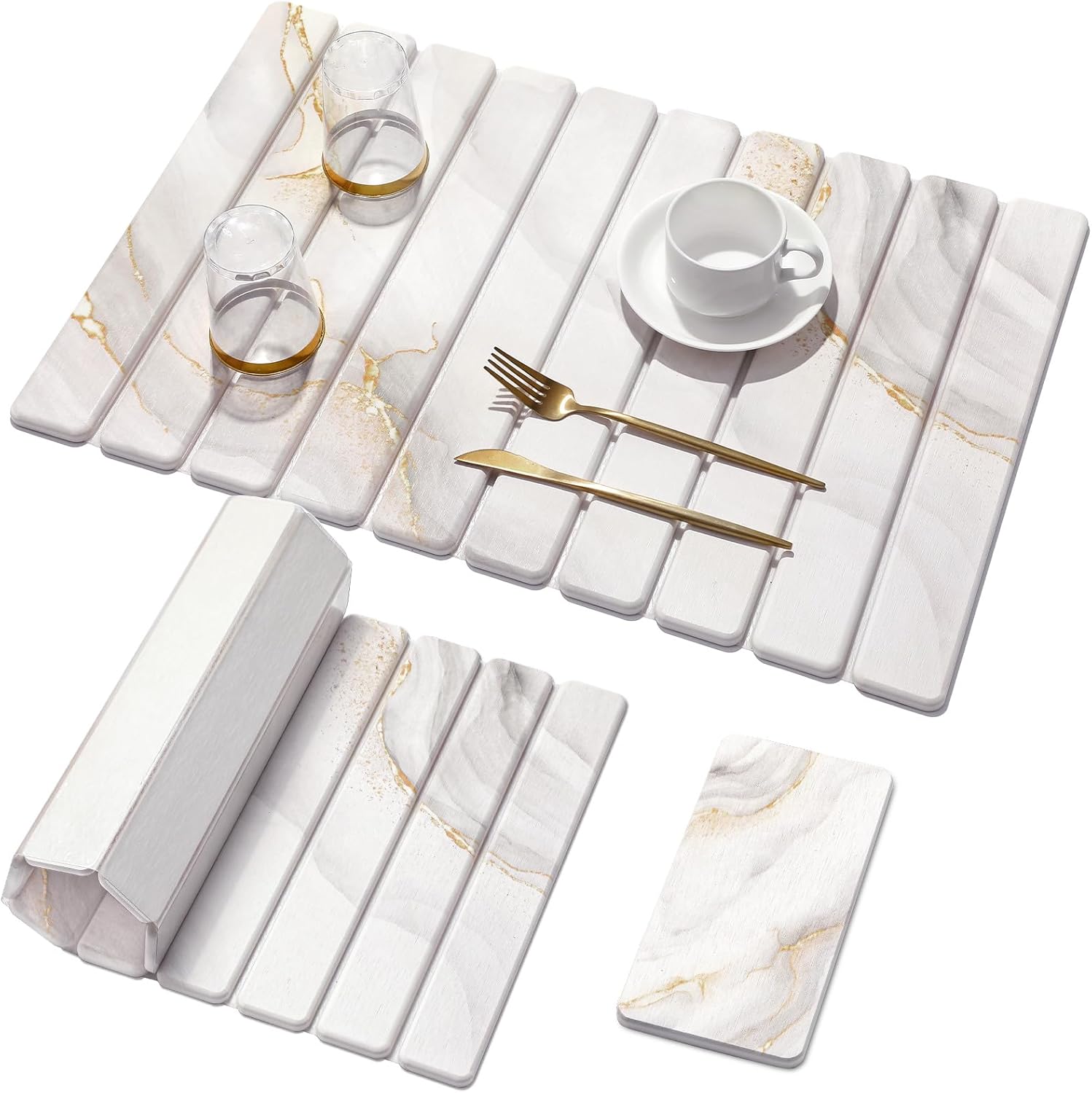 Large Stone Dish Drying Mat for Kitchen Counter,Quick Dry Stone Dishes Mats,Marbled Water Absorbing Diatomaceous Earth Drying Pad for Countertop Bottles Utensils Cups(Yellow White 24"x16"&8"x4")