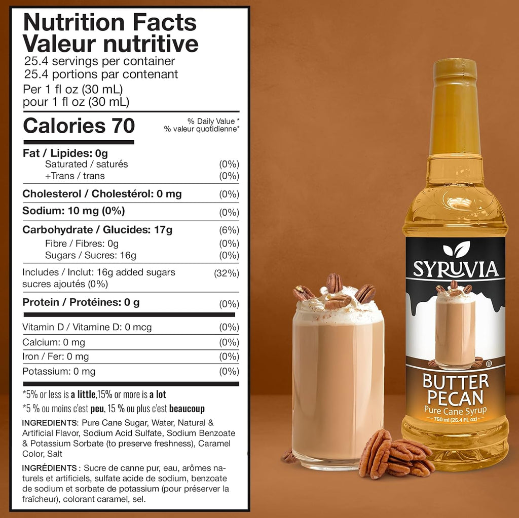 Syruvia Butter Pecan Syrup For Coffee 25.4 Oz. - Kosher & Gluten Free, No Coloring, Perfect for Drinks, Soda, Shakes, Desserts, and More.