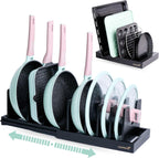 Bamboo Expandable Bakeware and Cutting Board Organizer, Adjustable Pot Lids Holder Rack, Cookie Sheet Baking Pan, Tray Organizer for Kitchen Storage (Black)