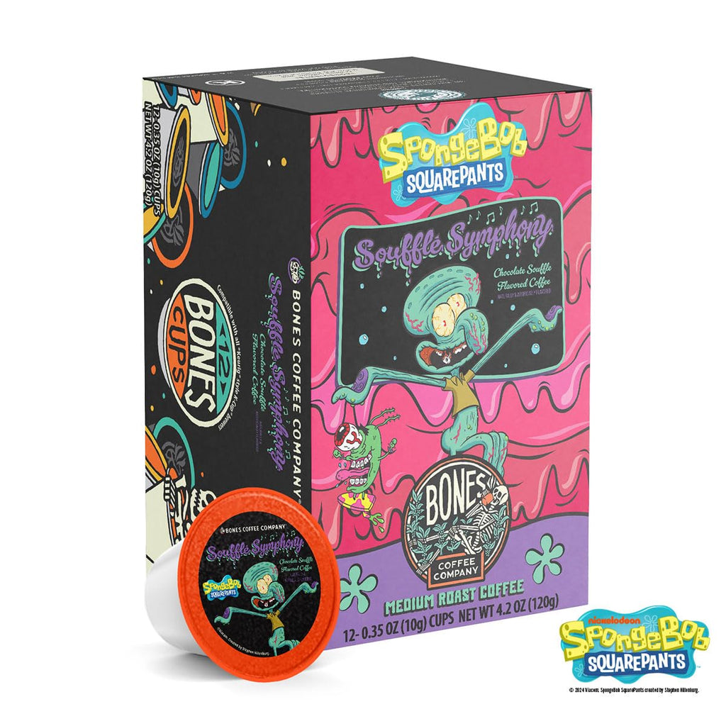Bones Coffee Company Spongebob Soufflé Symphony, Chocolate Soufflé Flavored Coffee Pods, Low Acid Medium Roast Single-Serve Bones Cups, Compatible with 1.0 & 2.0 Capsule Brewers Coffee Maker, 12 Count