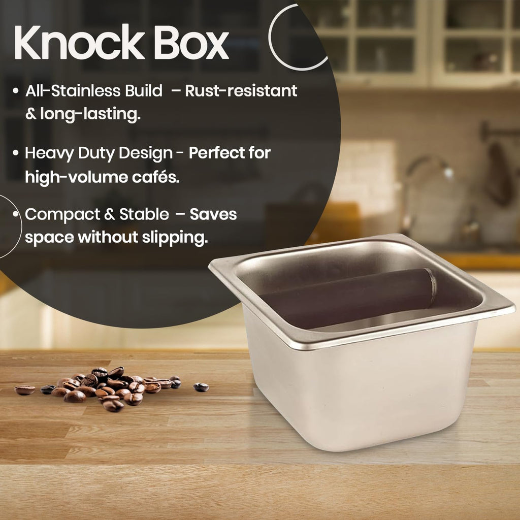 Rattleware Heavy-Duty Stainless Steel Knock Box Espresso Puck Disposal Durable Commercial Grade with Welded Bar Splash Guard All-Stainless Design for Busy Cafes and Home Baristas (6" x 5.5" x 4")