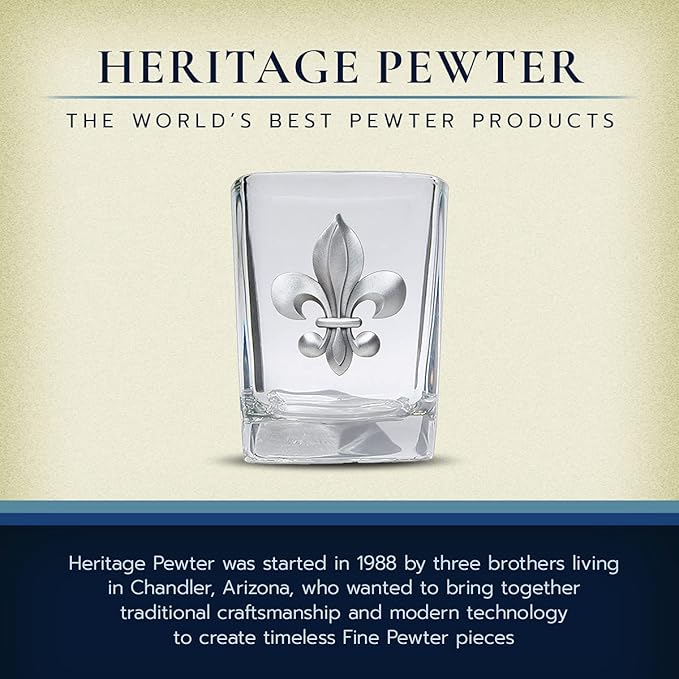 Heritage Pewter Fleur de Lis Square Shot Glass | Hand-Sculpted 1.5 Ounce Shot Glass | Intricately Crafted Metal Pewter Inlay
