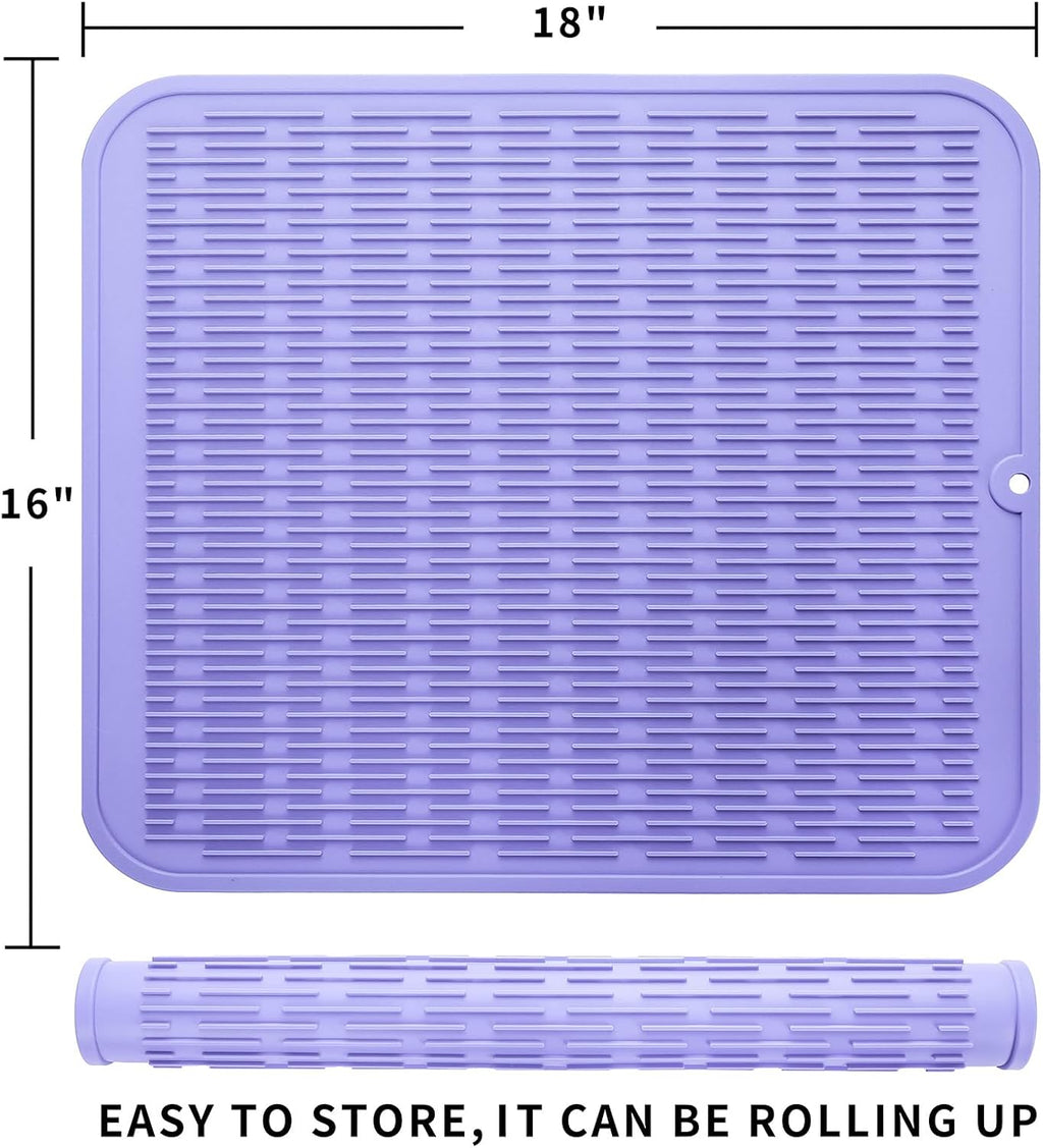 Silicone Dish Drying Mat for Multiple Usage,Easy clean,Eco-friendly,Heat-resistant Silicone Mat for Kitchen Counter or Sink,Refrigerator or Drawer Liner Light Purple XL 18 inches x 16 inches