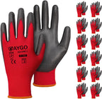 KAYGO Safety Work Gloves PU Coated-12 Pairs Seamless Knit Glove with Polyurethane Coated Smooth Grip on Palm & Fingers, for Men and Women, Ideal for General Duty Work, KG11P (XX-Large, Red)