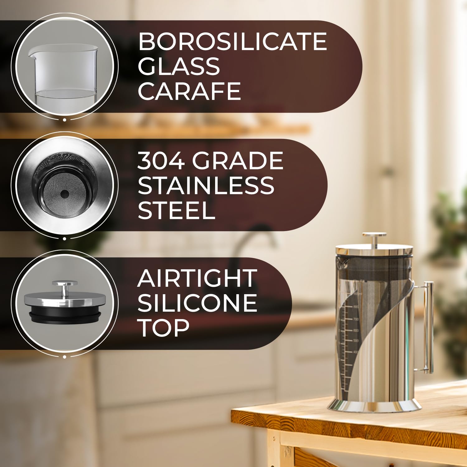 Cafe Du Chateau Stainless Steel French Press Coffee Maker - 34oz Insulated Coffee Press with 4-Level Filtration, BPA Free, Durable Glass, Great for Tea