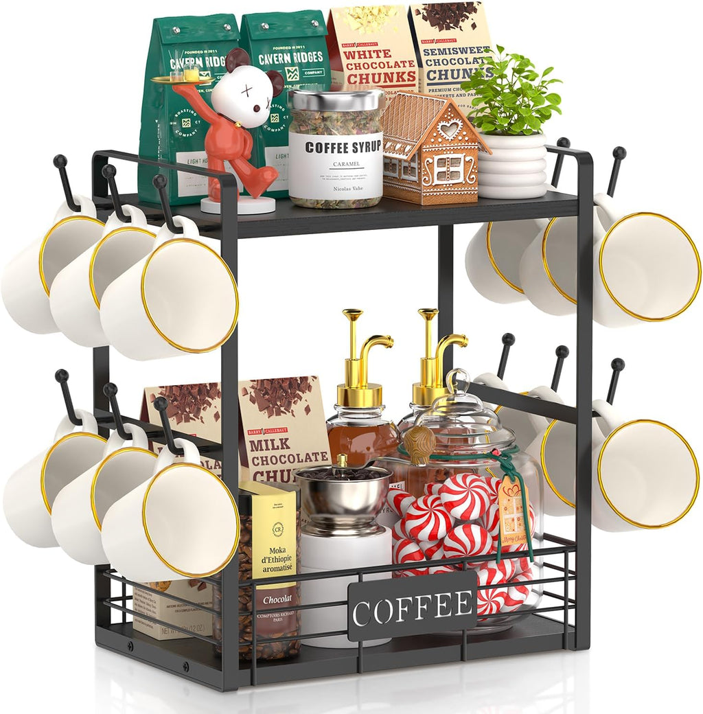 EsLuker.ly Coffee Mug Cup Holder Stand Bar Station Organizer for Countertop, Multi-Functional 2 Tier Mug Tree Rack for Kitchen, Storage Shelf with 12 Hooks, Black(Patented Design)