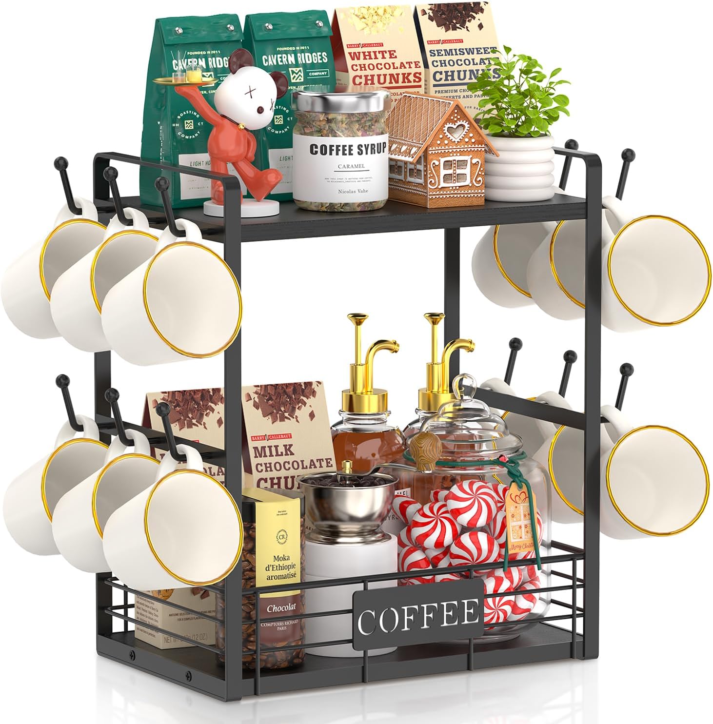 EsLuker.ly Coffee Mug Cup Holder Stand Bar Station Organizer for Countertop, Multi-Functional 2 Tier Mug Tree Rack for Kitchen, Storage Shelf with 12 Hooks, Black(Patented Design)