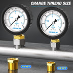 MEANLIN MEASURE 0~30Psi Stainless Steel 1/4" NPT 2.5" FACE DIAL Liquid Filled Pressure Gauge, Lower Mount (with Rubber Protective Sleeve), with 1/2" NPT and 3/8" NPT Hex Bushing