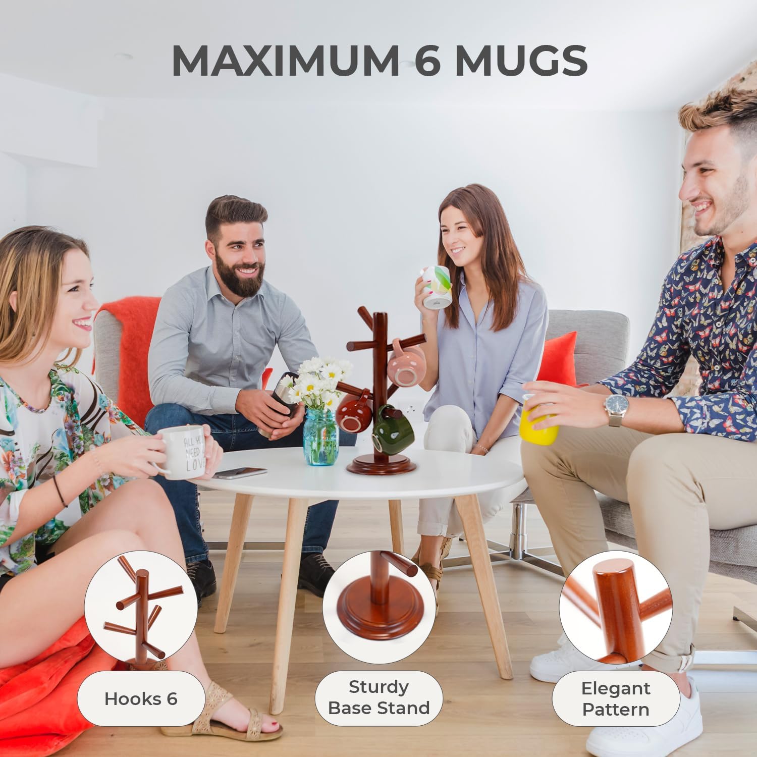 Pack 2 Mug Tree 6 Hooks Rubberwood 13.5"x7"x7", Strudy & Thick Base, Large & Small Cup Holder Tree Wooden for Jewelry, Kitchen Tools, Pantry, Ornaments, Countertop, Table Organizer (Natural)