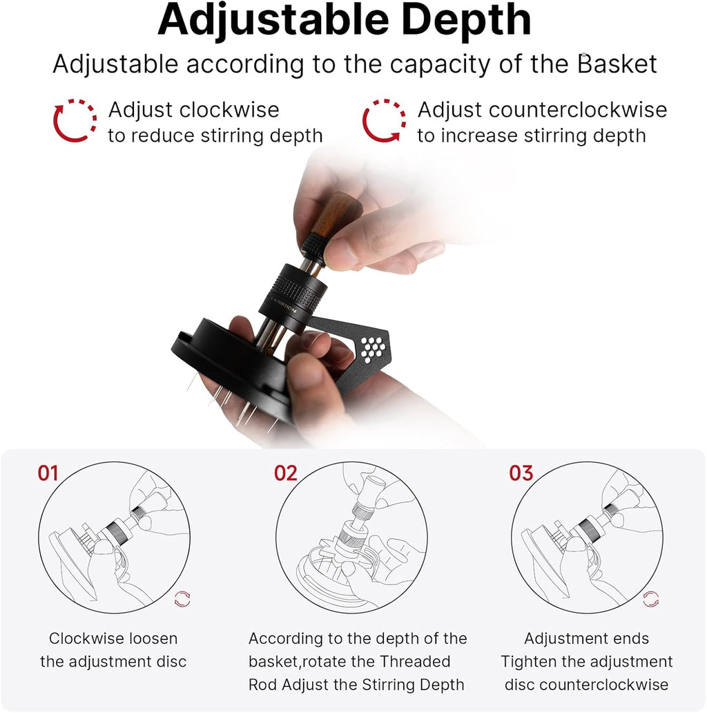 IKAPE Mantis WDT Distribution Tool with Clean Brush, 58.5mm Espresso Stirrer Distribution Tool for Barista, 8 Needle Espresso Stirrer with Dosing Funnel &Stand, Adjustable Needle Height, Walnut Handle