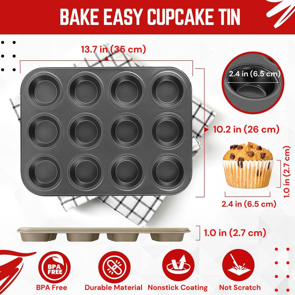 Flexzion Muffin Tray Cupcake Baking Pan 2 Pack, 12-Cup Nonstick Carbon Steel Muffin Tins Non-Stick Cupcake Tin Bakeware Accessories for Baking Cupcakes Muffin Brownies Snacks, Easy Clean, Fridge Safe