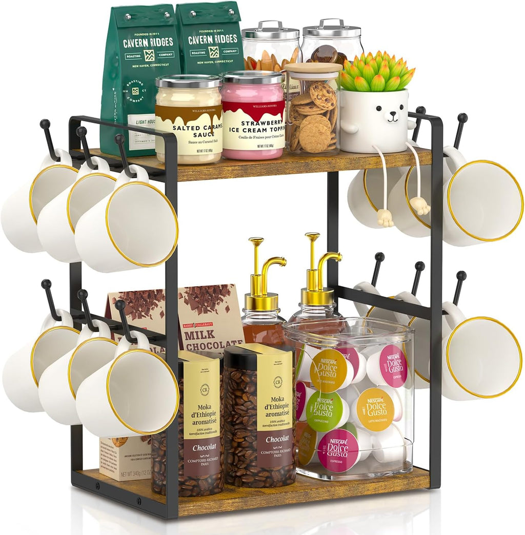 EsLuker.ly 2 Tier Coffee Mug Holder Station Bar Organize Countertop, Mug Cup Tree Rack for Kitchen Office, Storage Shelf with 12 Hooks, Creat Stylish Coffee Corner, Vintage Brown-Black