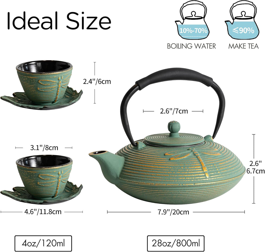 Cast Iron Teapot Set with 2 Tea Cups, 7 Pcs Japanese Tea Kettle with Stainless Steel Infuser, Tea Pot Coated with Enameled Interior, Dragonfly Pattern, 28oz 800ml Green