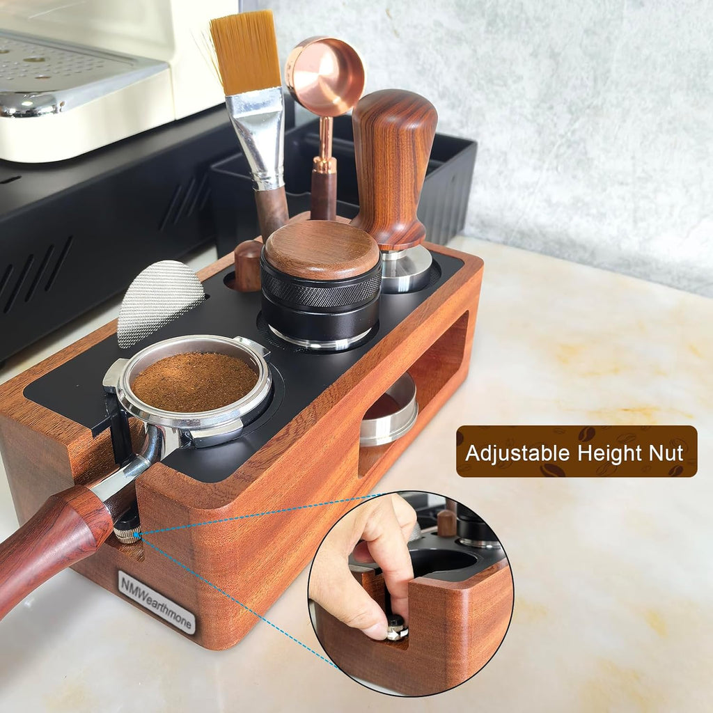 NMWearthmone Espresso Tamping Station,Solid Wood Espresso Accessories Organizer,Multi-Functional Coffee Accessories Tamper Station,Espresso Station Fit For Standard Portafilter (Upgraded Red, 51-58mm)