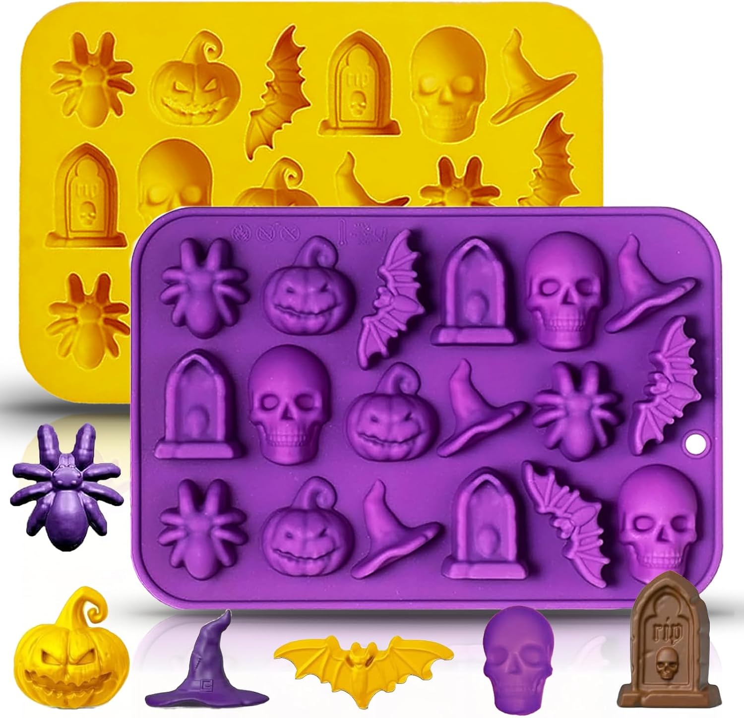 Halloween Chocolate Mold Silicone,18 Cavity Candy Gummy Mold with Pumpkin Wizard Hat Bat Spider Tombstone for Baking Chocolate Jelly Gummy Dessert (2pcs)